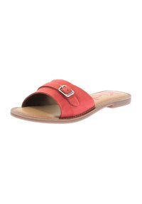Sandalo scivoloso in suede rosso con design a punta aperta, caratterizzato da una strap con un accento di fibbia argentata e una soletta in pelle beige.