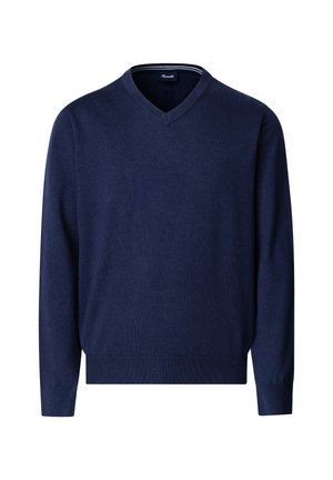 Maglione blu navy a maniche lunghe con scollo a V, polsini e orlo a coste, tessuto a maglia semplice, stile casual per uomo.