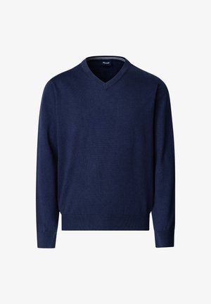 Maglione blu navy a maniche lunghe con scollo a V, polsini e orlo a coste, tessuto a maglia semplice, stile casual per uomo.