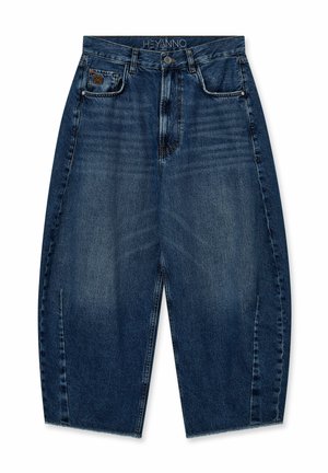 Dark blue wide-leg denim jeans with front pockets, belt loops, button closure, and subtle fading on thighs and knees.