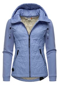 Veste bleu clair avec un devant matelassé, des manches lisses, une capuche réglable et deux poches zippées. Présente des accents en métal noir.