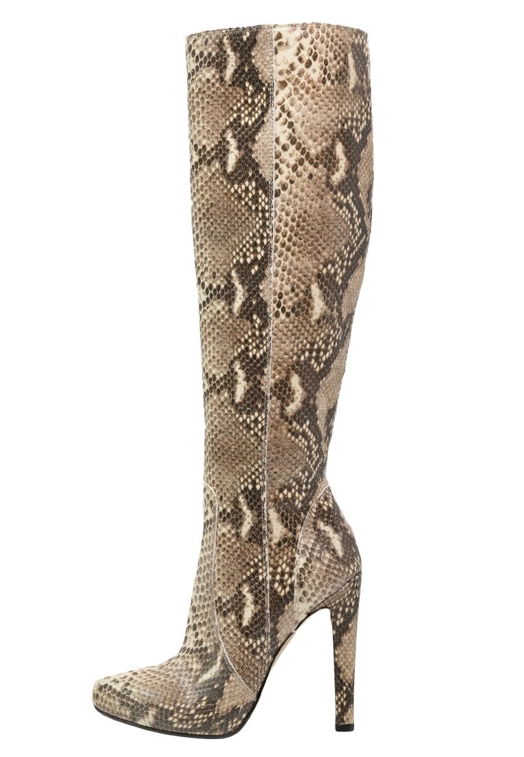 Knee-high boots in textured faux snakeskin pattern, featuring shades of beige and brown, with a pointed toe and high stiletto heel.