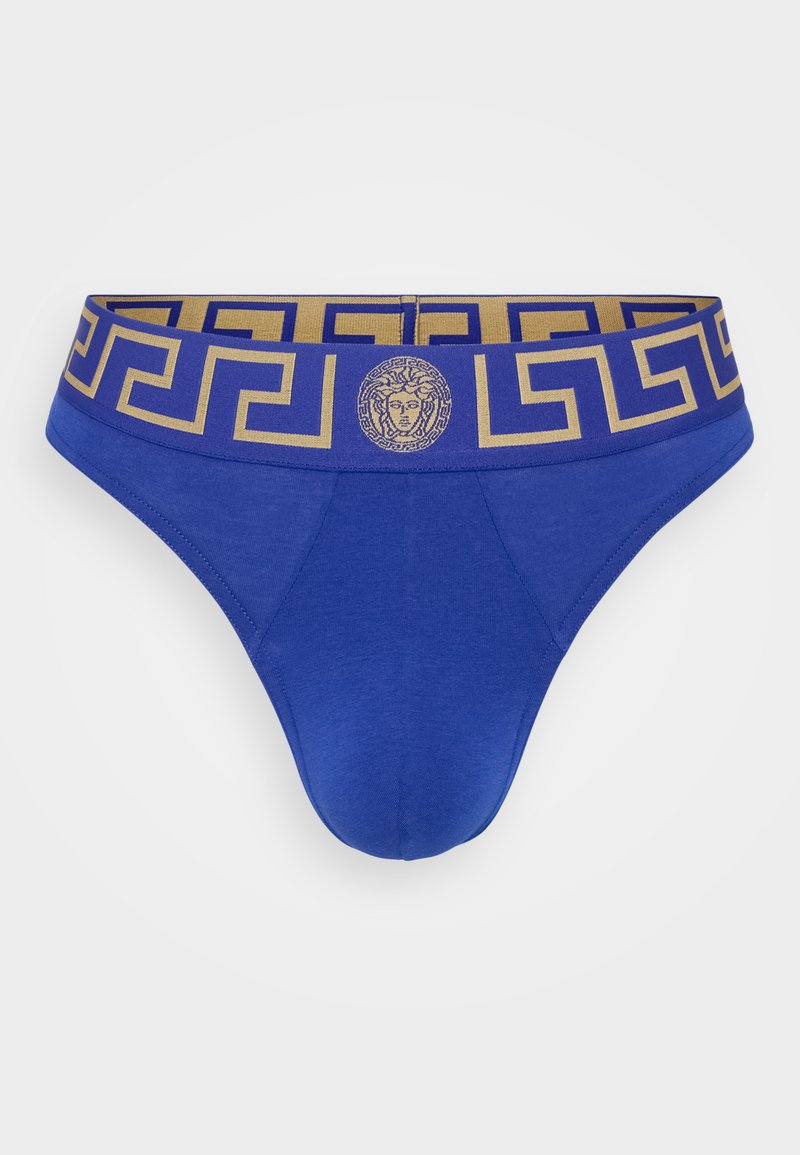 Blå bomulls-boxershorts med en gullmønstret midje som har et Medusa-merke og gresk nøkkeldesign. Glatt tekstur og tettsittende fasong.