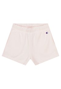 Pantalones cortos deportivos rosa hechos de material suave, con una cintura elástica, bolsillos laterales y un pequeño logo bordado en el lado izquierdo.