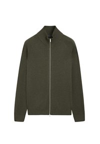 Olivgrüner Reißverschluss-Pullover mit geripptem Kragen und Bündchen, weicher Textur, minimalistischem Design, geradem Schnitt, silbernem Reißverschlussdetail, ohne Taschen.