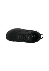 Black athletic shoe with a textured upper, mesh panels, reflective laces, and a white rubber sole. Features a loop at the heel for easy wear.