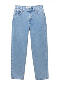 Jean denim bleu clair à taille haute, coupe droite, avec bouton frontal, fermeture éclair, passants pour ceinture et design à cinq poches.