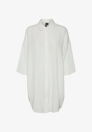 White oversized button-up shirt featuring a textured, crinkled fabric, a classic collar, and short sleeves for a relaxed fit.