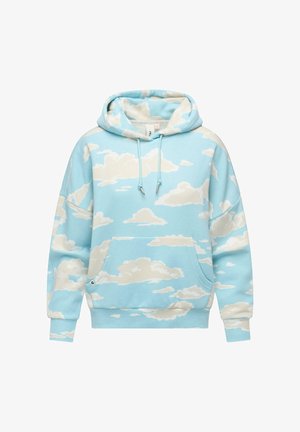 Sky-blue hoodie with a cloud pattern, made of soft fabric. Features a front pocket, drawstring hood, and ribbed cuffs.