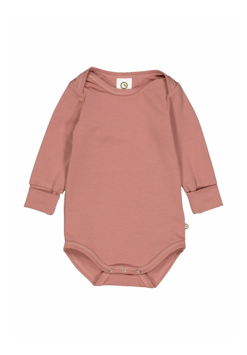 Dětský body s dlouhým rukávem v měkké růžové barvě, s kulatým výstřihem, patentkami na spodní části a přiléhavými rukávy.