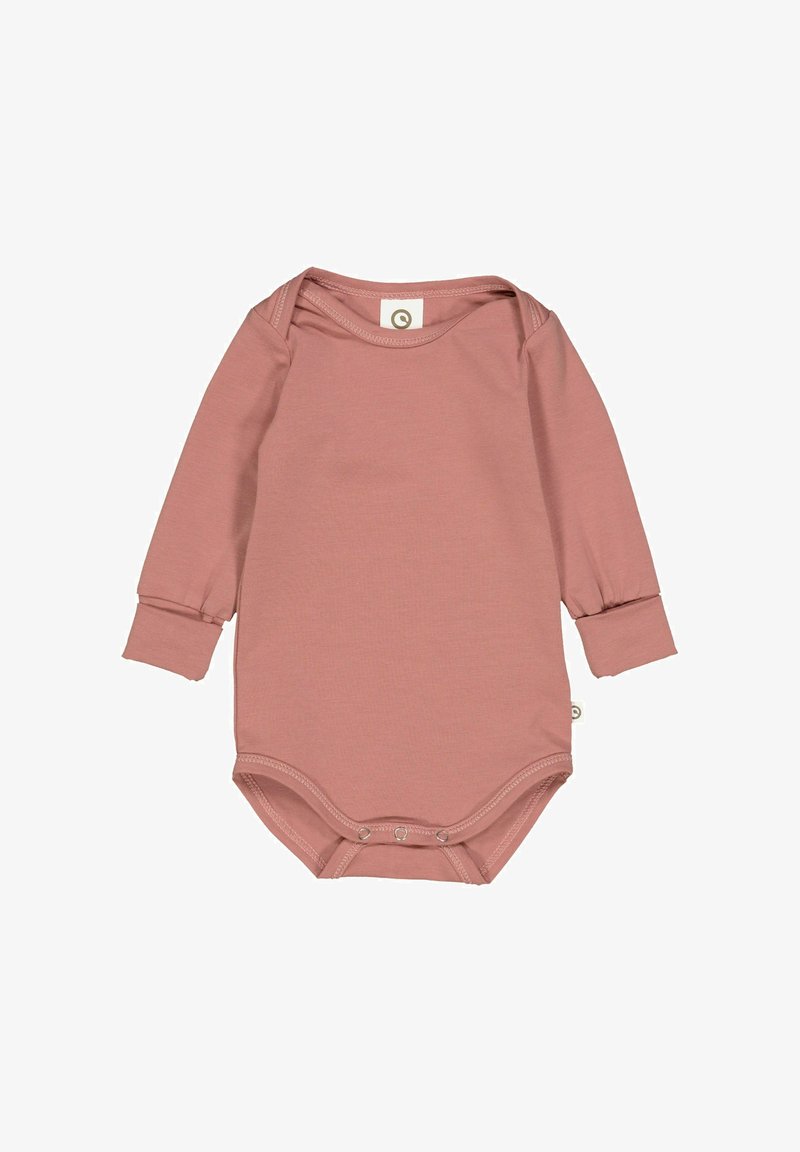 Dětský body s dlouhým rukávem v měkké růžové barvě, s kulatým výstřihem, patentkami na spodní části a přiléhavými rukávy.