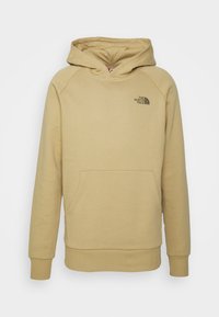 Felpa beige con cappuccio realizzata in materiale morbido. Include una tasca frontale a marsupio e presenta un piccolo logo nero sulla parte superiore sinistra del petto.