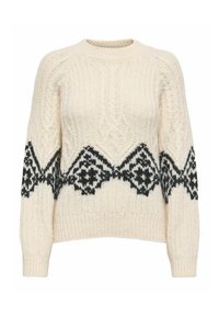 Crèmekleurige gebreide trui met een zwart geometrisch patroon langs de onderkant en mouwen. Ronde halslijn en geribbelde manchetten en zoom.