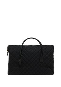 Sac en nylon noir matelassé de forme rectangulaire, avec deux poignées supérieures, des détails en métal doré et un motif en diamant texturé.