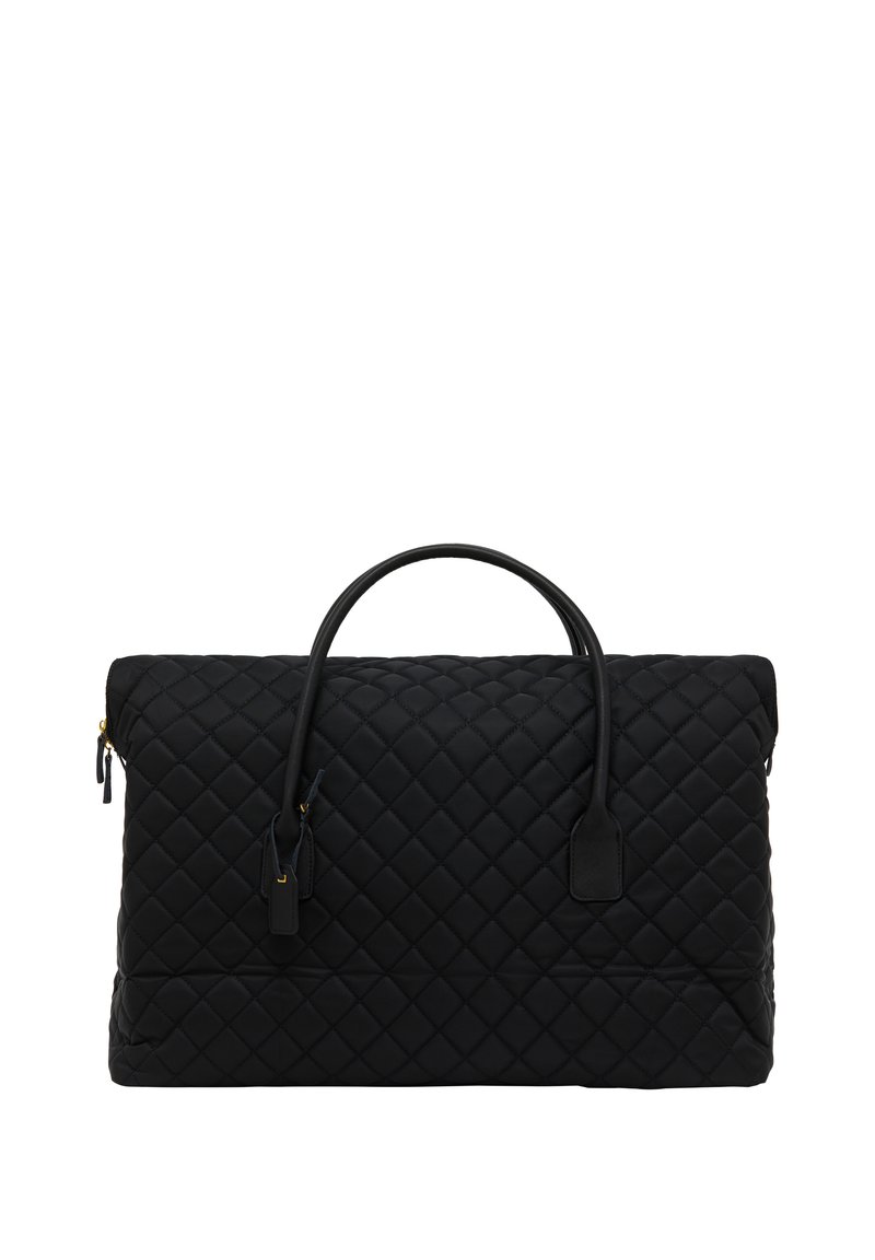Sac en nylon noir matelassé de forme rectangulaire, avec deux poignées supérieures, des détails en métal doré et un motif en diamant texturé.
