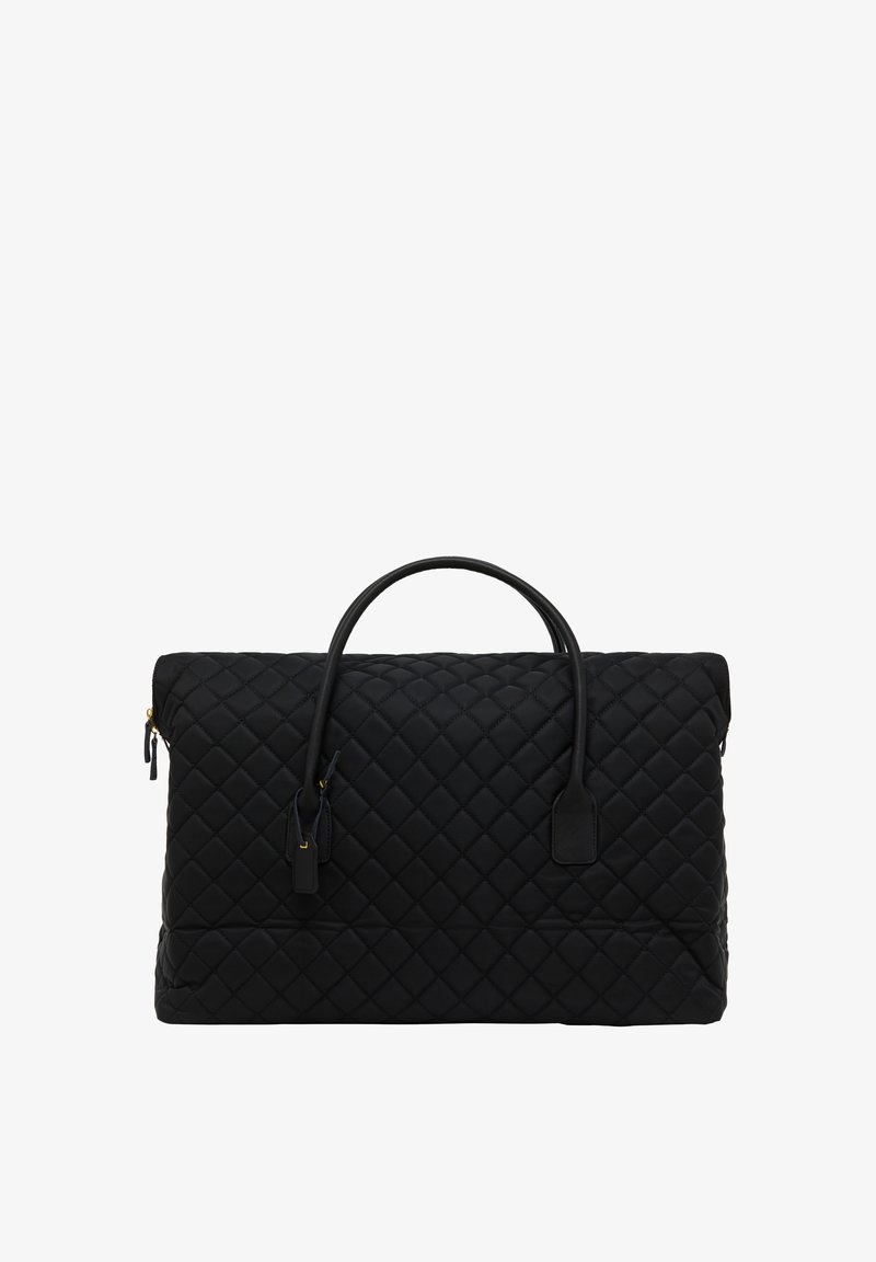 Sac en nylon noir matelassé de forme rectangulaire, avec deux poignées supérieures, des détails en métal doré et un motif en diamant texturé.
