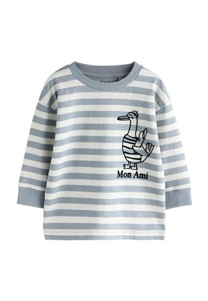 Gray and white striped long-sleeve shirt with a rounded neckline. Features a black embroidered duck design and "Mon Ami" text below it.
