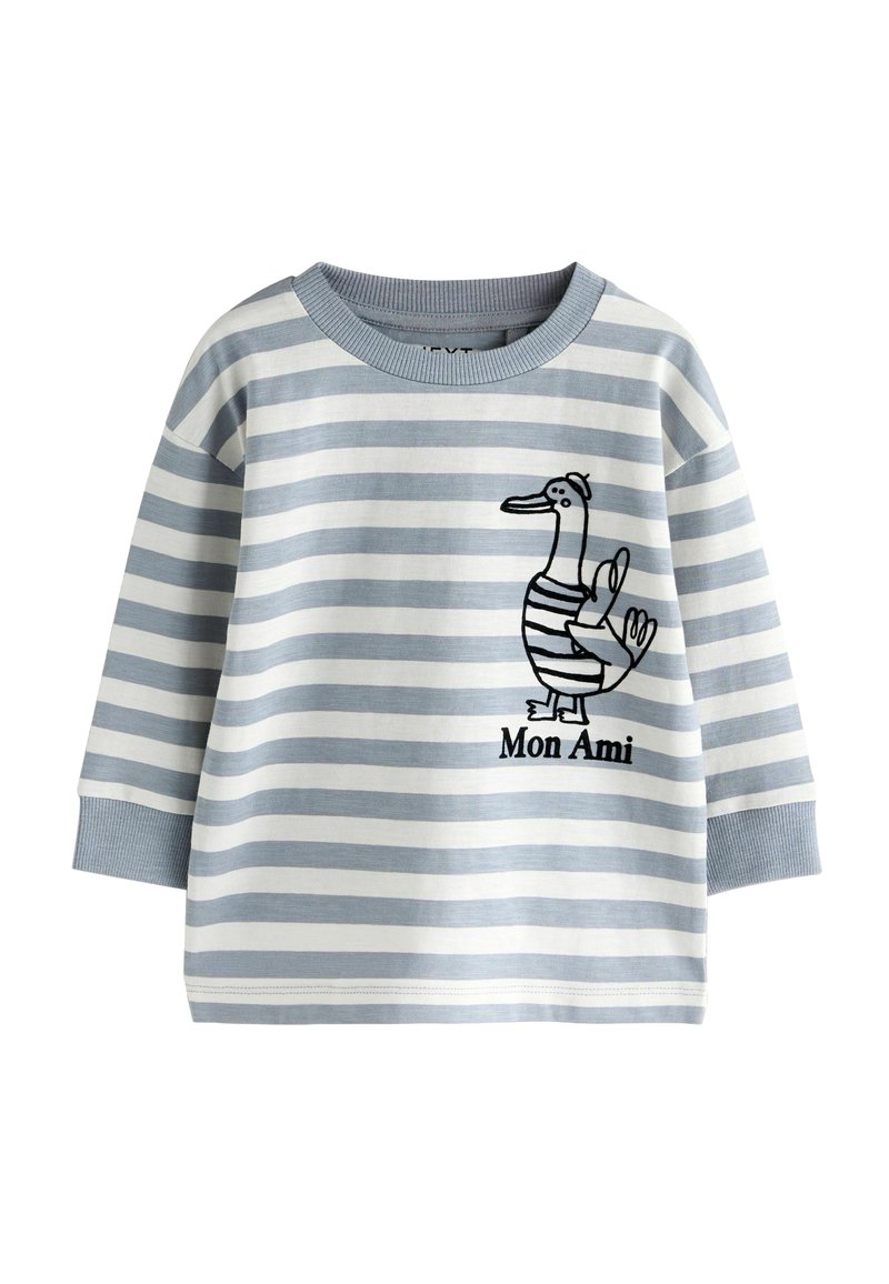 Gray and white striped long-sleeve shirt with a rounded neckline. Features a black embroidered duck design and "Mon Ami" text below it.