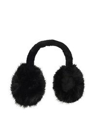 Čierne náušníky z umelého kožúšku s jemnou textúrou, ktoré majú okrúhle, nadýchané mušle na uši a krátky, zakrivený spojovací pásik.