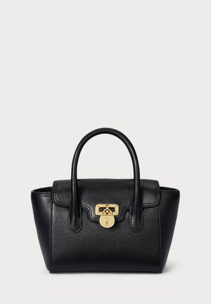 Melnas ādas rokassoma ar strukturētu formu, teksturētu virsmu, divām augšējām rokturēm un zelta slēgmehānismu.