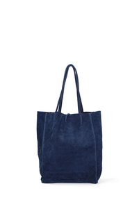 Borsa a spalla in suede blu navy con due manici e un design semplice e senza decorazioni, su uno sfondo bianco.
