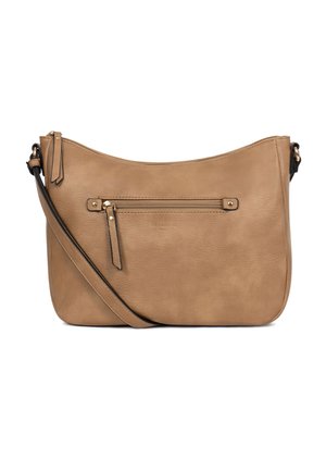 Sac à bandoulière en cuir marron clair avec poche zippée à l'avant, sangle, et nom de marque discrètement embossé "Hexagona Paris".