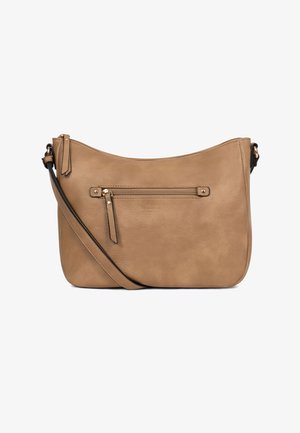 Jasnobrązowa skórzana torba na ramię z przednią kieszenią na zamek, paskiem oraz subtelnie wytłoczonym nazwą marki "Hexagona Paris".