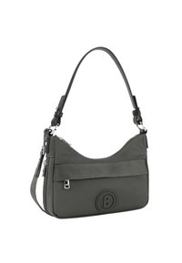 Borsa a spalla grigia con una superficie liscia, caratterizzata da una cima curva, chiusura con zip e un logo in evidenza sul fronte. Includa una tracolla regolabile.
