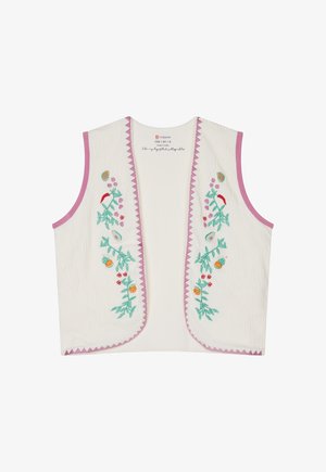 Kremowa bezrękawnikowa kamizelka z różowym obszyciem i kwiatowym haftem w kolorach zielonym, pomarańczowym, czerwonym i fioletowym wzdłuż przednich krawędzi.