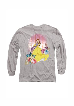 Light gray long-sleeve t-shirt featuring a printed design of a girl in a yellow dress surrounded by flowers and decorative accents.
