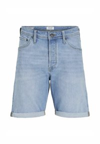 Light blue denim shorts with rolled cuffs, front button, zipper closure, and five-pocket design, displayed on a white background.