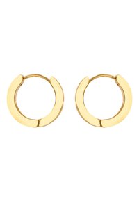 Gold-tone metal hoop earrings with a curved design. The surface is polished, featuring a clasp closure and smooth texture.
