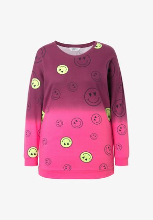 Lila und pinker Farbverlauf Sweatshirt mit großen Smiley-Gesichtsdrucken in Gelb und Schwarz. Mit langen Ärmeln und Rundhalsausschnitt.