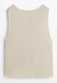 Vaalean beige ribattu tankkitoppi, jossa on pyöreä pääntie ja hihaton muotoilu, suora helma ja pehmeä pinta.