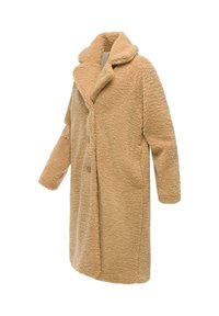 Cappotto in finta pelliccia color beige con colletto a revers, maniche lunghe e vestibilità rilassata. Presenta una chiusura con un singolo bottone e una superficie testurizzata e morbida.