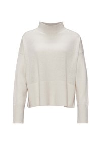 Hellbeige gestrickter Pullover mit einem gerippten Rollkragen, überschnittenen Schultern und einem cropped Saum. Verfügt über einen weichen, strukturierten Stoff.