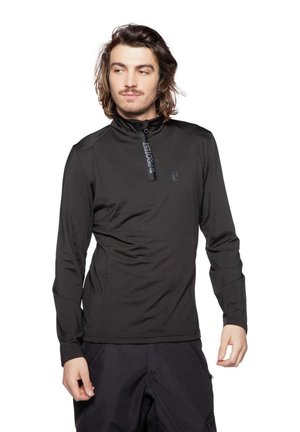 Schwarzer Langarmpullover mit einem Viertel Reißverschluss, aus einem glatten, leichten Stoff; hat ein Logo auf der Brust und einen hohen Kragen.
