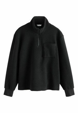 Zwarte fleece pullover met een halve ritssluiting, hoge kraag en een borstzak. Kenmerkt zich door een textuurstof en ribgebreide manchetten. Eenvoudige, boxy vorm.