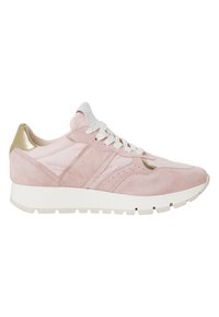 Sneakers rosa chiaro in materiali scamosciati e rasi. Presentano una suola bianca, dettagli in oro e una superficie texturizzata. Design con lacci.