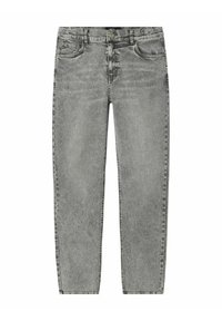 Grå denimjeans med rak benpassform, fem fickor och en bleknad finish. Har en knappstängning och bälteshällor i midjan.