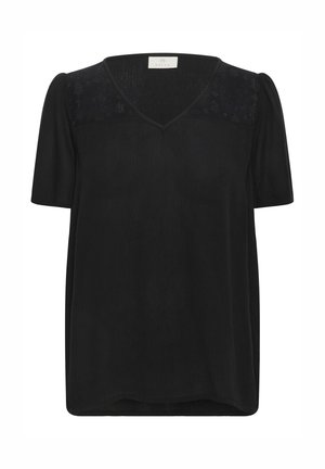 Black short-sleeve top with a V-neck, featuring textured sheer panels on the shoulders and a smooth fabric finish.