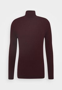 Burgunderfarbener Rollkragenpullover, gerippte Textur, lange Ärmel, taillierte Passform, weiches Material, minimalistischer Stil, keine sichtbaren Muster oder Akzente.