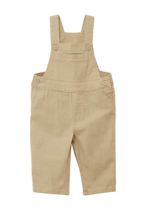 Beige Baumwoll-overalls mit verstellbaren Trägern, Vordertasche, Knopfdetails und geraden Beinen, mit einer strukturierten Stoffoberfläche.