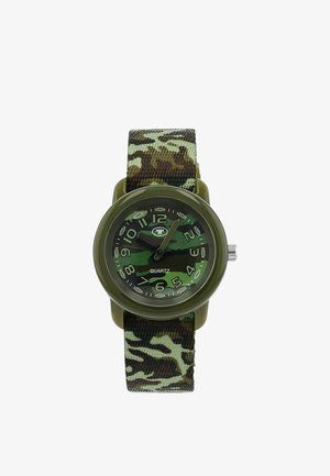 Analoge Armbanduhr mit grünem Camouflage-Zifferblatt und Textilarmband, dunkelgrünem Kunststoffgehäuse und silberner Einstellkrone an der Seite.