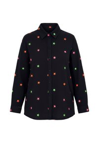 Zwart shirt met kleurrijke, stervormige borduursels in roze, groen en oranje. Knopen over de hele lengte, met kraag en lange mouwen.