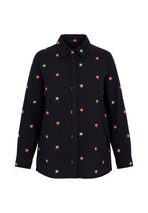 Czarna koszula z kolorowym haftem w kształcie gwiazdek w kolorze różowym, zielonym i pomarańczowym. Zapięcie na guziki, kołnierzyk i długie rękawy.
