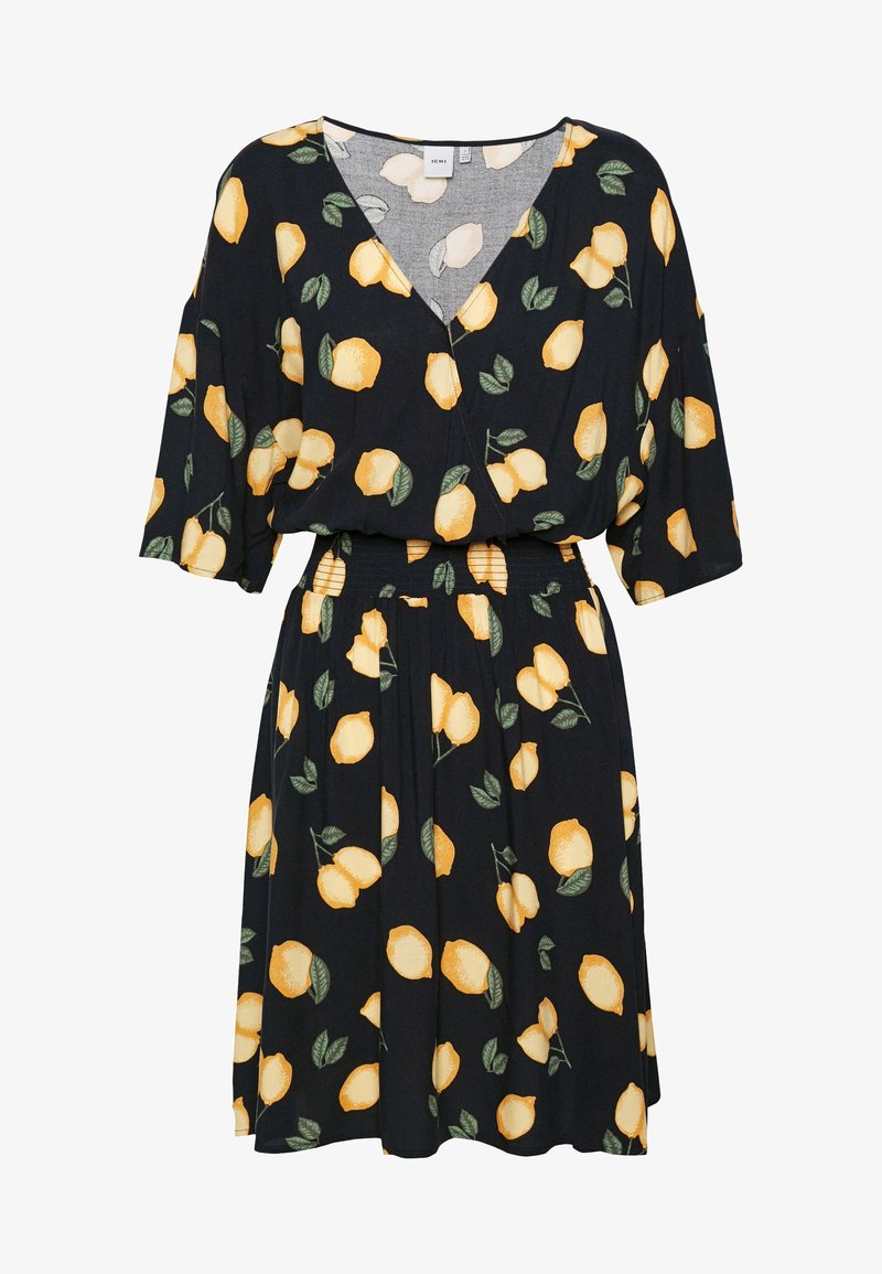 Robe noire avec imprimé citron, manches courtes, col en V et taille élastique ajustée, longueur genou.