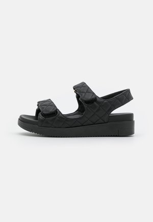 Black quilted sandals with adjustable straps, open toe, and a flat rubber sole featuring a tread pattern for grip.