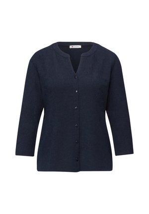 Mørk navy blå, langærmet knappet cardigan med rund hals og let V-formet åbning foran.
