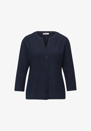 Cardigan blu navy scuro a maniche lunghe con bottoni, collo rotondo e apertura frontale leggermente a V.